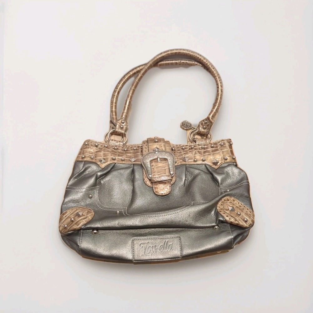 Vtg Y2K Lou-Ella Silver Croc Satchel Bag Studded Buckle Moto Boho slouchy Bling